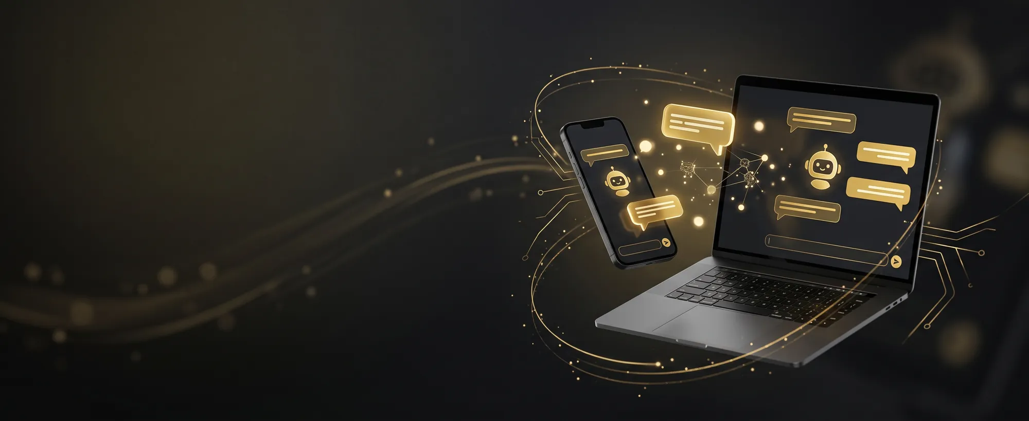 AI chatbot for websites answering customer questions on laptop and phone with golden chat bubbles