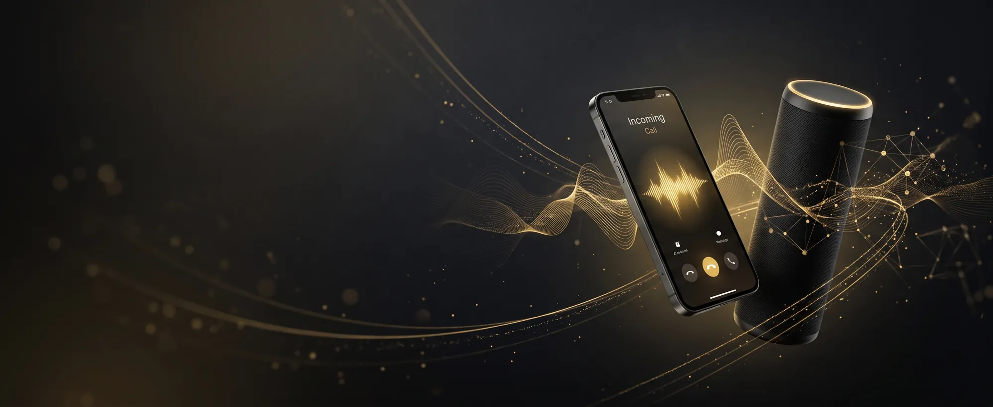 AI receptionist and voice agent answering a business call, with golden sound waves and AI network